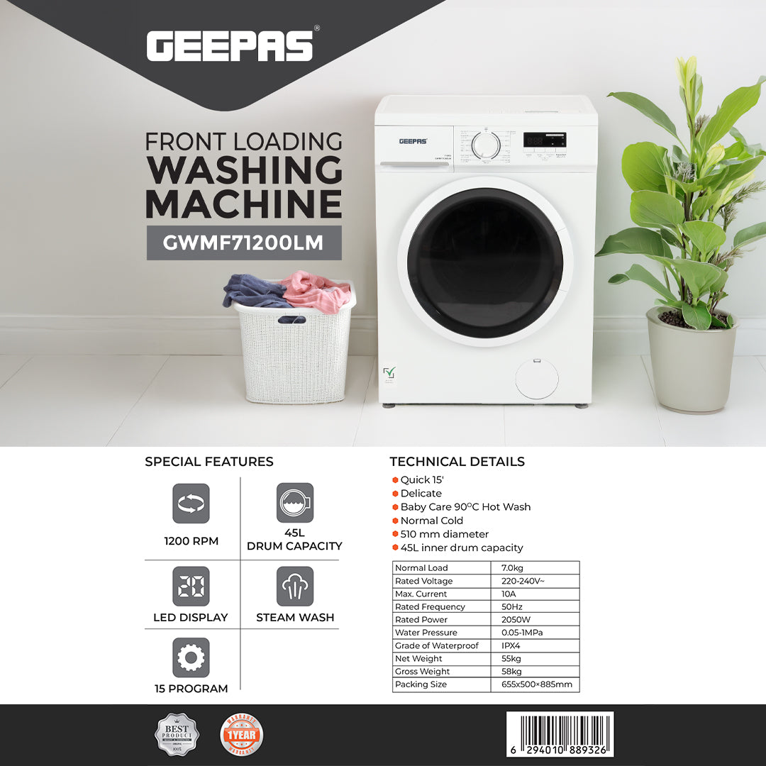 Geepas Front Load Washing Machine GWMF71200LCJ | 7Kg Capacity | 1200 RPM Powerful Motor | Steam Wash Function | Durable & Energy Efficient Performance | 1 Year Warranty