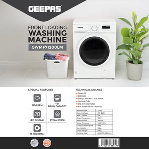 Geepas Front Load Washing Machine GWMF71200LCJ | 7Kg Capacity | 1200 RPM Powerful Motor | Steam Wash Function | Durable & Energy Efficient Performance | 1 Year Warranty