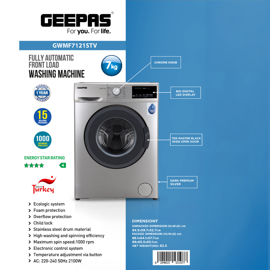 Geepas GWMF7121STV 7kg Fully Automatic Front Load Washing Machine |  15 Wash Programs |  1000 RPM Spin Speed |  EcoLogic System | LED Display & Child Lock Safety