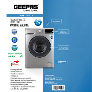 Geepas GWMF7121STV 7kg Fully Automatic Front Load Washing Machine |  15 Wash Programs |  1000 RPM Spin Speed |  EcoLogic System | LED Display & Child Lock Safety