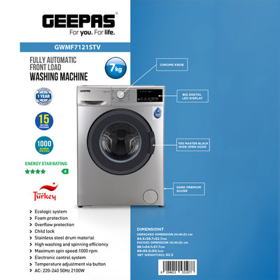 Geepas GWMF7121STV 7kg Fully Automatic Front Load Washing Machine |  15 Wash Programs |  1000 RPM Spin Speed |  EcoLogic System | LED Display & Child Lock Safety