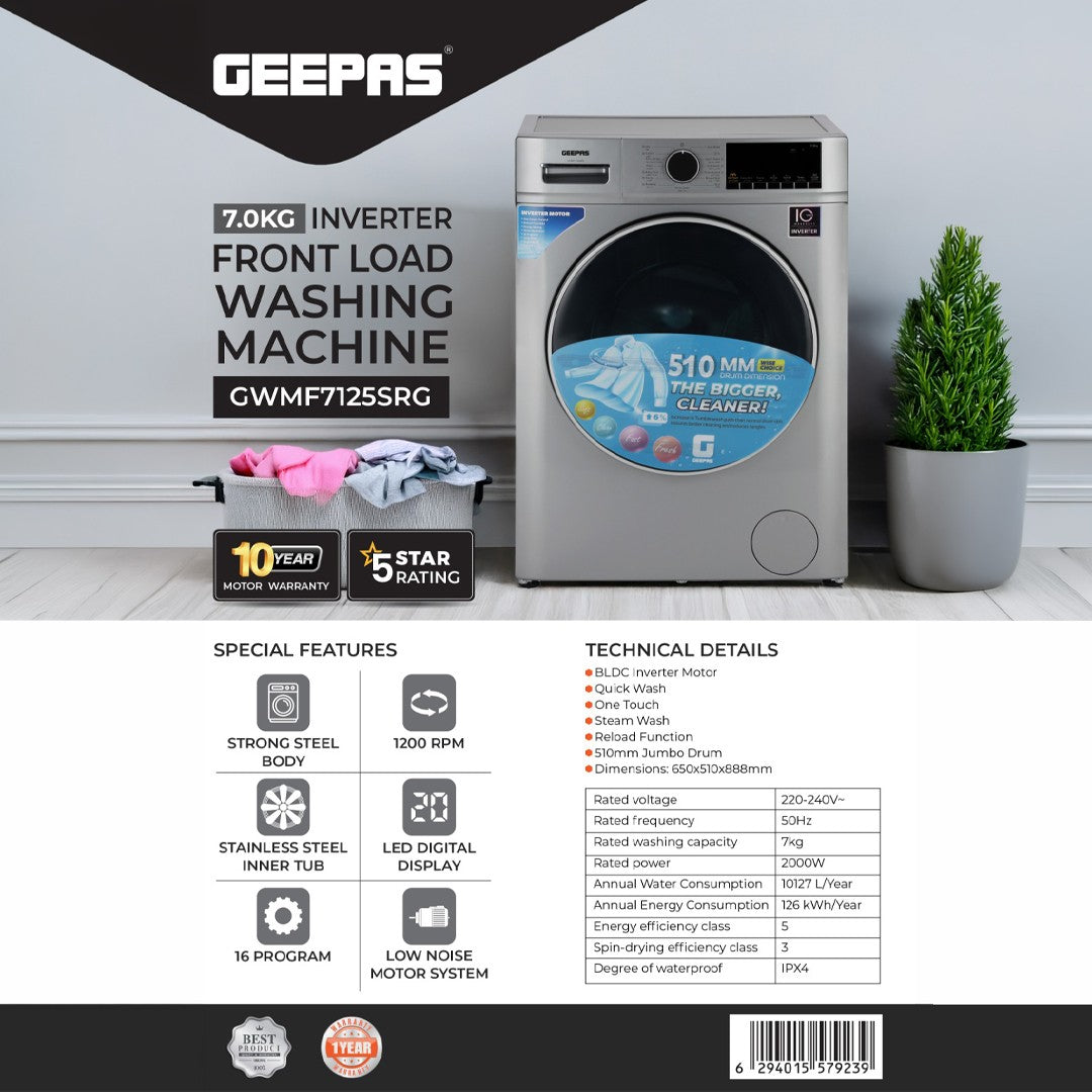 Geepas GWMF7125SRG 7kg Inverter Front Load Washing Machine |  1200 RPM |  16 Wash Programs |  Steam & Quick Wash | LED Display | Stainless Steel Drum & Low Noise System