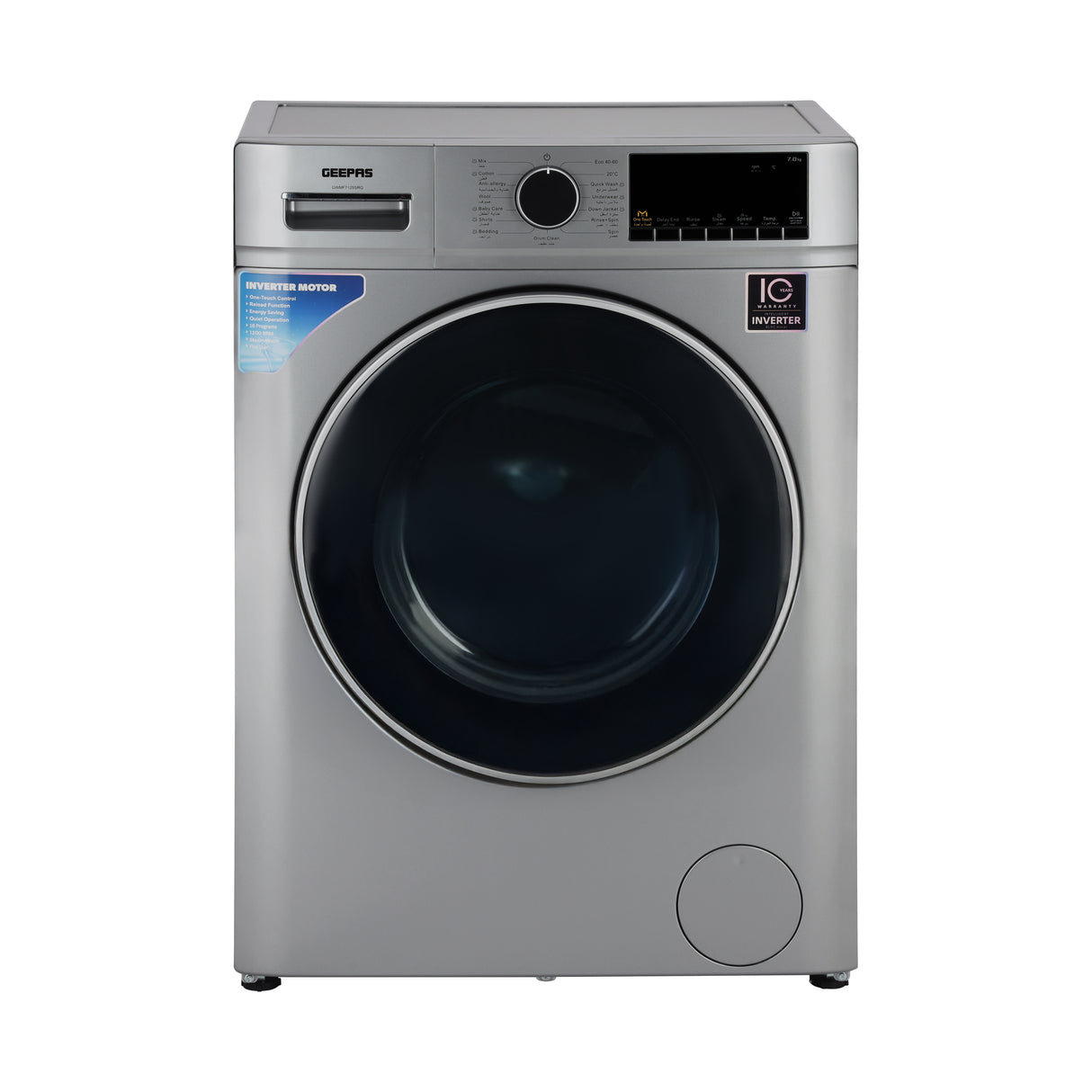 Geepas GWMF7125SRG 7kg Inverter Front Load Washing Machine |  1200 RPM |  16 Wash Programs |  Steam & Quick Wash | LED Display | Stainless Steel Drum & Low Noise System