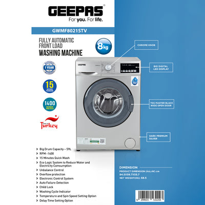 Geepas GWMF8021STV 8kg Fully Automatic Front Load Washing Machine |1400 RPM Spin Speed |15 Wash Programs | Eco Logic System | LED Display and Wide Door |1 Year Warranty
