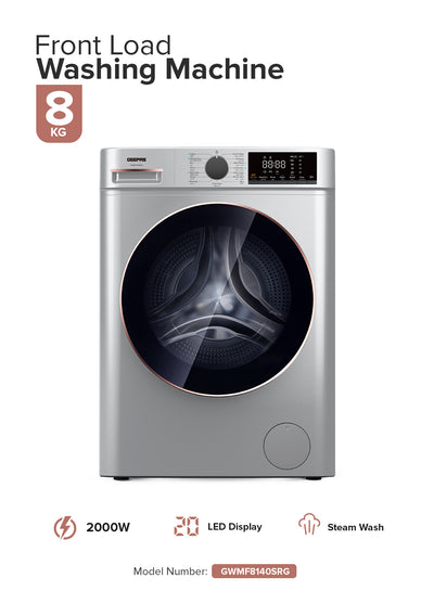 Geepas Front Load Washing Machine- GWMF8140SRG/ Fully Automatic/ LED Display, 8 kg Capacity and 54 L Drum Capacity/ Metallic Grey, 1 Year Warranty