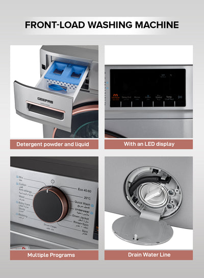 Geepas Front Load Washing Machine- GWMF8140SRG/ Fully Automatic/ LED Display, 8 kg Capacity and 54 L Drum Capacity/ Metallic Grey, 1 Year Warranty