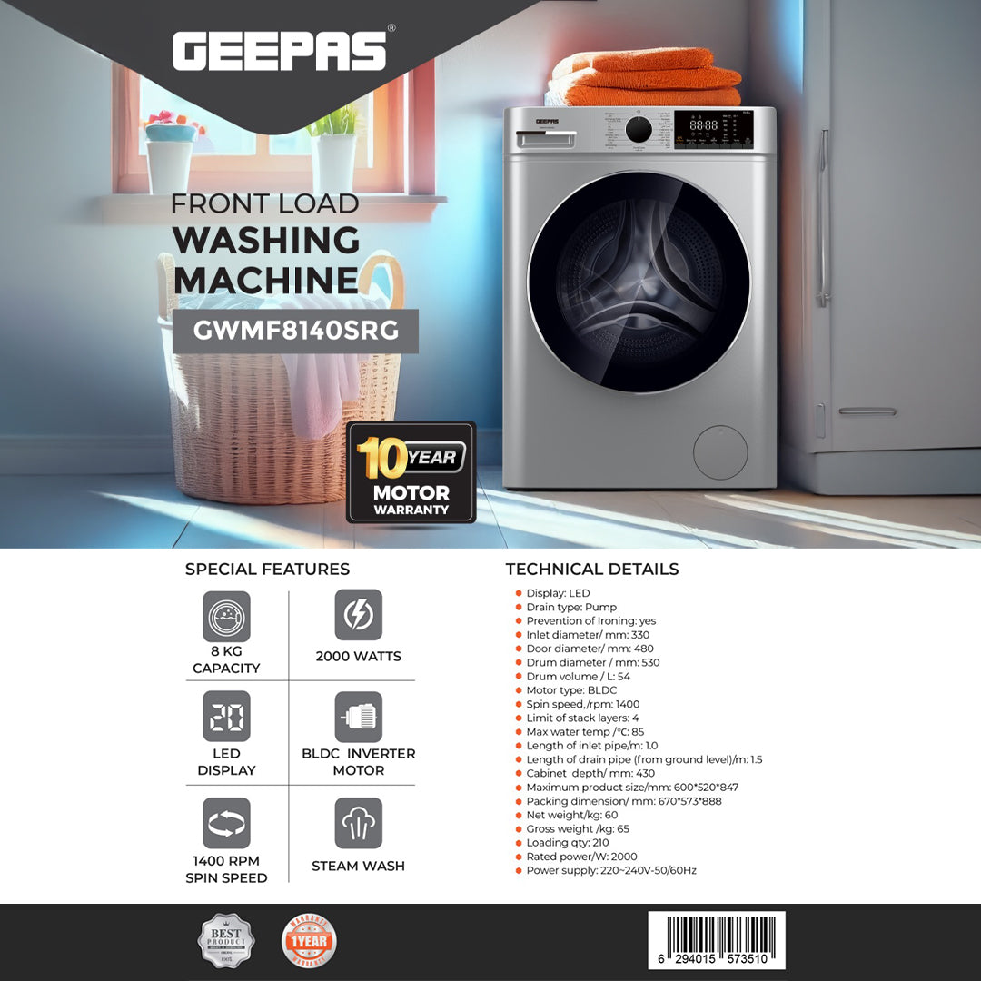 Geepas GWMF8140SRG Front Load Washing Machine | 8Kg Large Capacity| 1400 RPM Spin Speed| Steam Wash Function| BLDC Inverter Motor| LED Display | 10-Year Motor Warranty