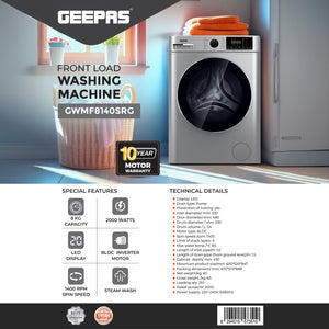 Geepas GWMF8140SRG Front Load Washing Machine | 8Kg Large Capacity| 1400 RPM Spin Speed| Steam Wash Function| BLDC Inverter Motor| LED Display | 10-Year Motor Warranty