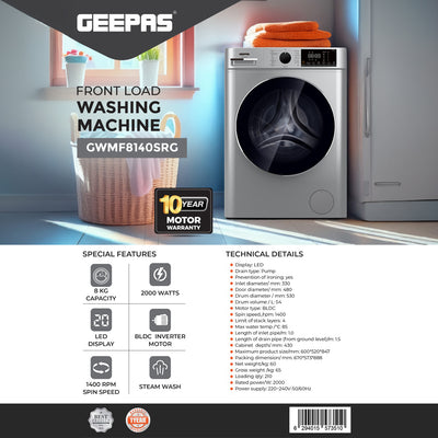 Geepas GWMF8140SRG Front Load Washing Machine | 8Kg Large Capacity| 1400 RPM Spin Speed| Steam Wash Function| BLDC Inverter Motor| LED Display | 10-Year Motor Warranty