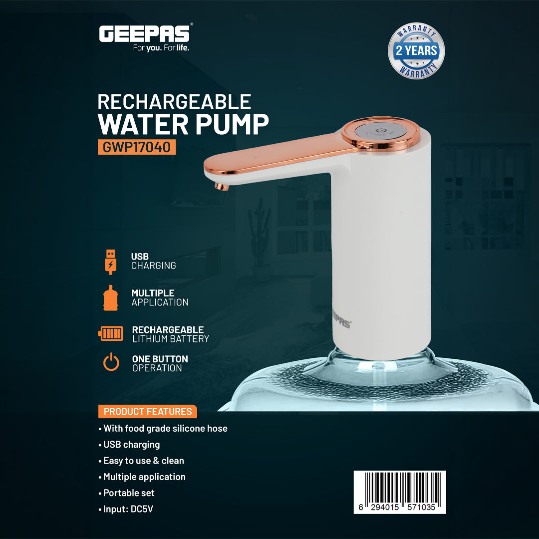 Geepas GWP17040 Rechargeable Water Pump | USB Charging | Long-Lasting Lithium Battery| One Button Operation| Food Grade Silicone Hose & Portable Water Dispenser