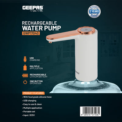 Geepas GWP17040 Rechargeable Water Pump | USB Charging | Long-Lasting Lithium Battery| One Button Operation| Food Grade Silicone Hose & Portable Water Dispenser