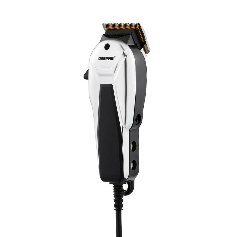 Geepas GTR8658N Professional Hair Clipper | Gold Titanium Carbon Steel Blade | Adjustable Control Lever | Magnetic Motor | 4 Detachable Combs | Barber Accessories