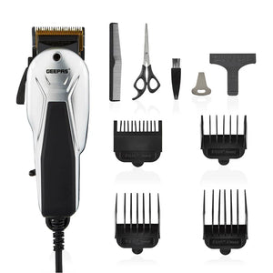 Geepas GTR8658N Professional Hair Clipper | Gold Titanium Carbon Steel Blade | Adjustable Control Lever | Magnetic Motor | 4 Detachable Combs | Barber Accessories