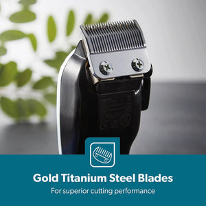 Geepas GTR8658N Professional Hair Clipper | Gold Titanium Carbon Steel Blade | Adjustable Control Lever | Magnetic Motor | 4 Detachable Combs | Barber Accessories