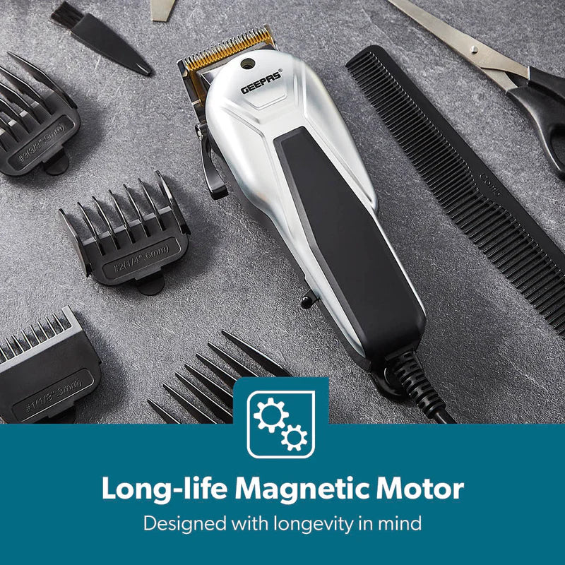 Geepas GTR8658N Professional Hair Clipper | Gold Titanium Carbon Steel Blade | Adjustable Control Lever | Magnetic Motor | 4 Detachable Combs | Barber Accessories