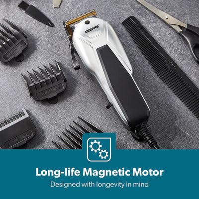 Geepas GTR8658N Professional Hair Clipper | Gold Titanium Carbon Steel Blade | Adjustable Control Lever | Magnetic Motor | 4 Detachable Combs | Barber Accessories