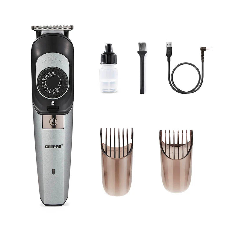Geepas GTR56042 Rechargeable Hair Trimmer | 1500mAh Li-ion Battery| 20 Length Settings| T Stainless Steel Blade|2 Combs (1–10mm & 11–20mm)| USB Charging| 2 Years Warranty