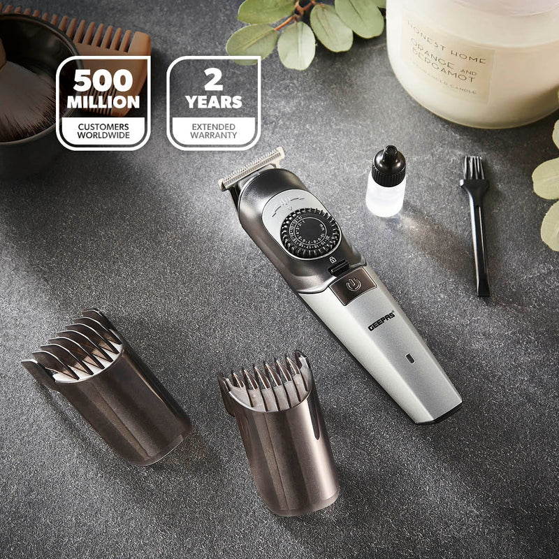 Geepas GTR56042 Rechargeable Hair Trimmer | 1500mAh Li-ion Battery| 20 Length Settings| T Stainless Steel Blade|2 Combs (1–10mm & 11–20mm)| USB Charging| 2 Years Warranty