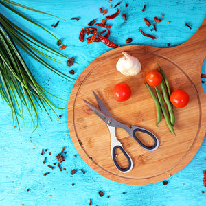Royalford RF491S 3-in-1 Kitchen Scissors| stainless steel blades offers cutting, nut cracking, and bottle opening functions| ergonomic grip and hygienic design|