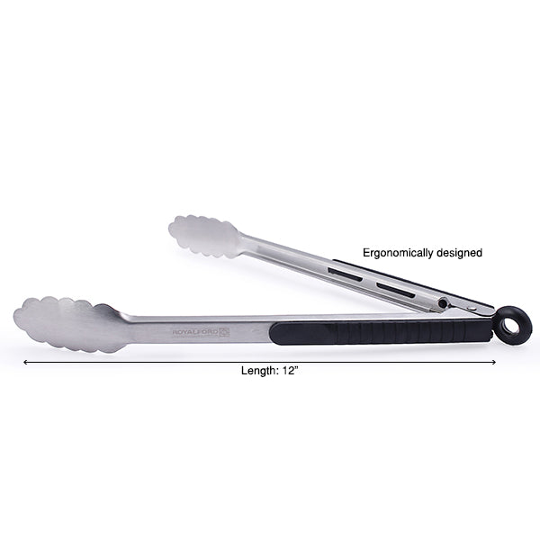 Royalford RF2042-FT12 12 inch food tong|  ergonomic design, gripped handle and auto lock mechanism| dishwasher safe, ideal for cooking, grilling & serving food|
