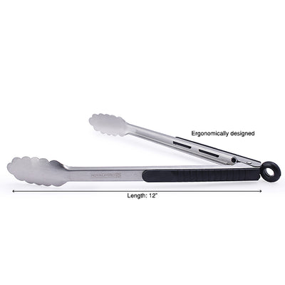 Royalford RF2042-FT12 12 inch food tong|  ergonomic design, gripped handle and auto lock mechanism| dishwasher safe, ideal for cooking, grilling & serving food|