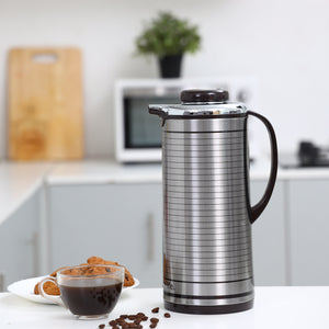 Geepas GVF5259 Vacuum Flask | 1.3L Capacity | Hot & Cold Beverage Insulation |Durable Plastic, Iron, Glass, Silica Gel Material | Mirror & Brown Finish |Leak-Proof Design