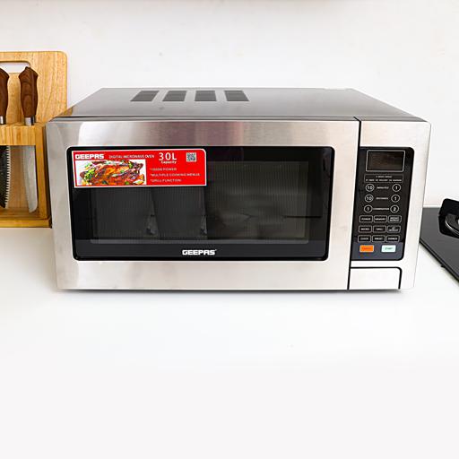 Geepas  Digital Grill Microwave Oven GMO1897 |30L |1000W | Multiple Cooking Menus| Child Safety Lock| Digital Control Panel | Reheating, Defrost & Grill | 1-Year Warranty