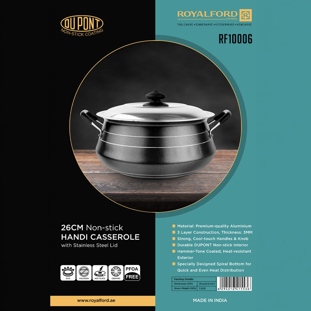 Royalford 26CM Non-stick Handi Casserole RF10006|  Durable DUPONT Non-stick Coating| Stainless Steel Lid| 3MM Thick Aluminium Body| Cool-touch Handles| PFOA-Free