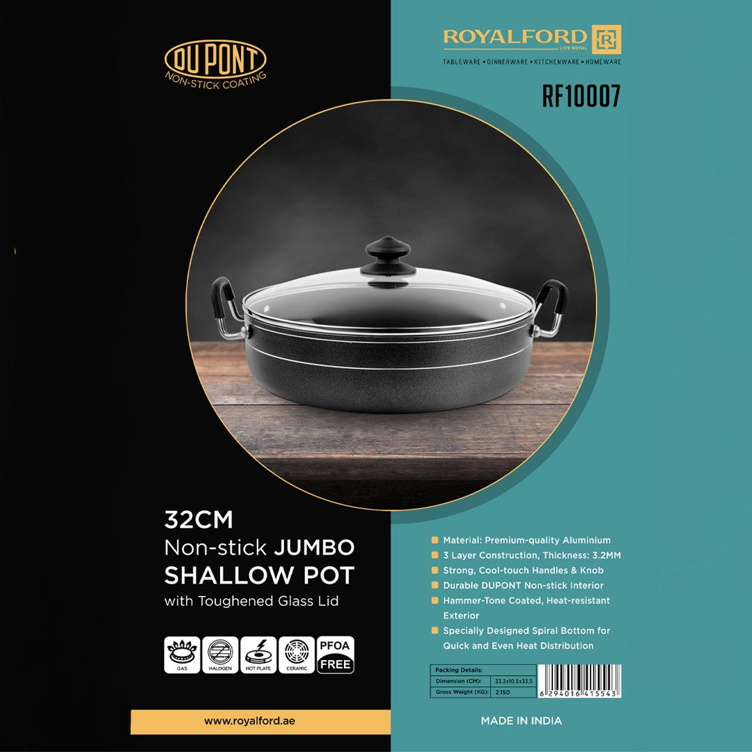 Royalford RF10007 32CM Non Stick Jumbo Shallow Pot |  Toughened Glass Lid|  DuPont Coating | 3.2mm Thick Aluminium |  Spiral Bottom | PFOA Free | Suitable For Daily Use
