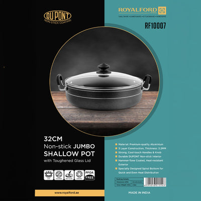 Royalford RF10007 32CM Non Stick Jumbo Shallow Pot |  Toughened Glass Lid|  DuPont Coating | 3.2mm Thick Aluminium |  Spiral Bottom | PFOA Free | Suitable For Daily Use