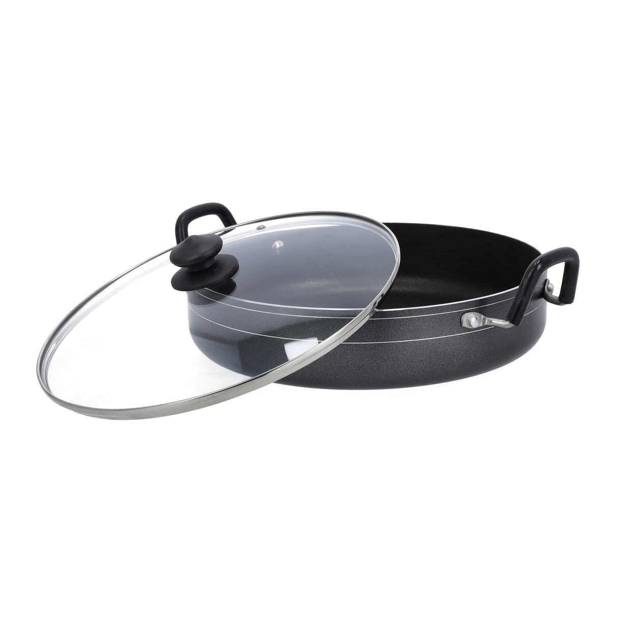 Royalford RF10007 32CM Non Stick Jumbo Shallow Pot |  Toughened Glass Lid|  DuPont Coating | 3.2mm Thick Aluminium |  Spiral Bottom | PFOA Free | Suitable For Daily Use