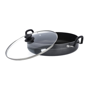 Royalford RF10007 32CM Non Stick Jumbo Shallow Pot |  Toughened Glass Lid|  DuPont Coating | 3.2mm Thick Aluminium |  Spiral Bottom | PFOA Free | Suitable For Daily Use