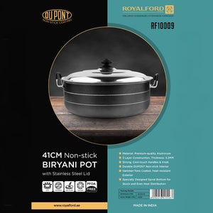 Royalford RF10009 41cm Non Stick Biryani Pot | Stainless Steel Lid | DuPont Coated Aluminium Cooking Pot | Spiral Bottom for Gas, Halogen, Hot Plate & Ceramic Cooktops