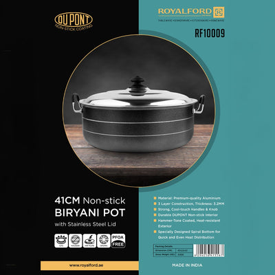 Royalford RF10009 41cm Non Stick Biryani Pot | Stainless Steel Lid | DuPont Coated Aluminium Cooking Pot | Spiral Bottom for Gas, Halogen, Hot Plate & Ceramic Cooktops