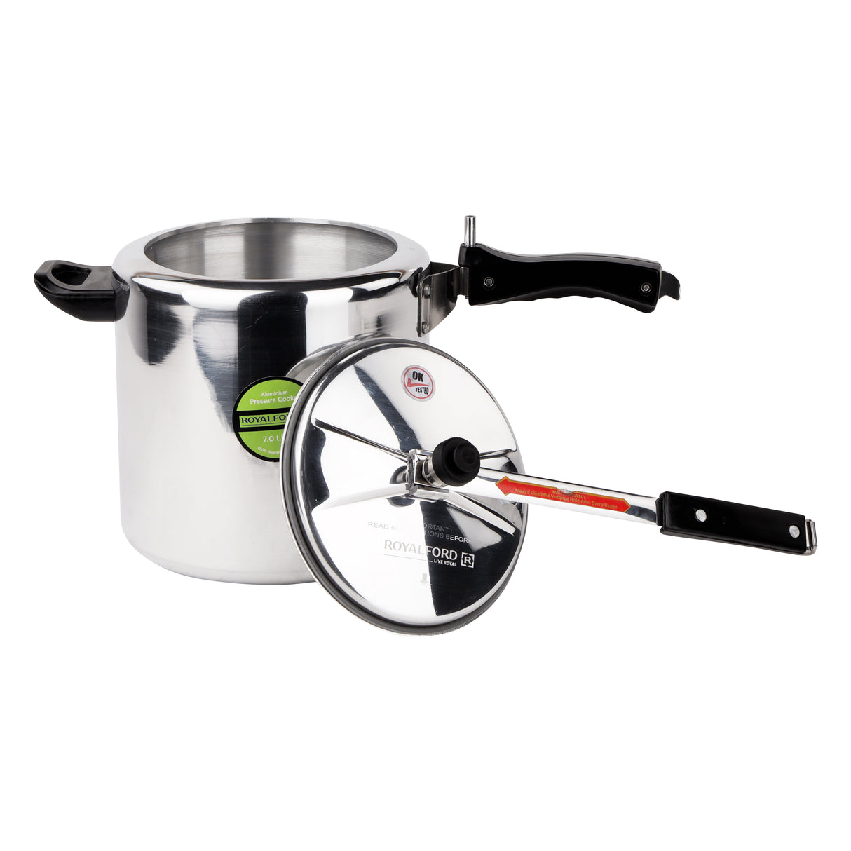 Royalford RF10014 7L Aluminium Inner Lid Pressure Cooker | Virgin Aluminium Body | Improved Pressure Regulator | Free Extra Gasket & Safety Valve | Efficient Cooking