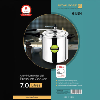 Royalford RF10014 7L Aluminium Inner Lid Pressure Cooker | Virgin Aluminium Body | Improved Pressure Regulator | Free Extra Gasket & Safety Valve | Efficient Cooking