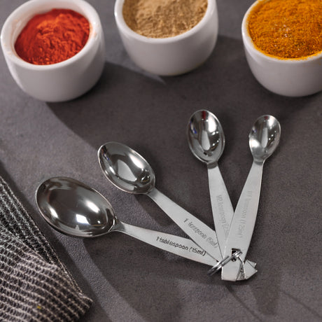 Royalford RF10064 Stainless Steel Measuring Spoon Set| 4-Piece Precision Measuring Spoons for Cooking & Baking | Engraved Markings|  Polished Finish for Dry & Liquid Use