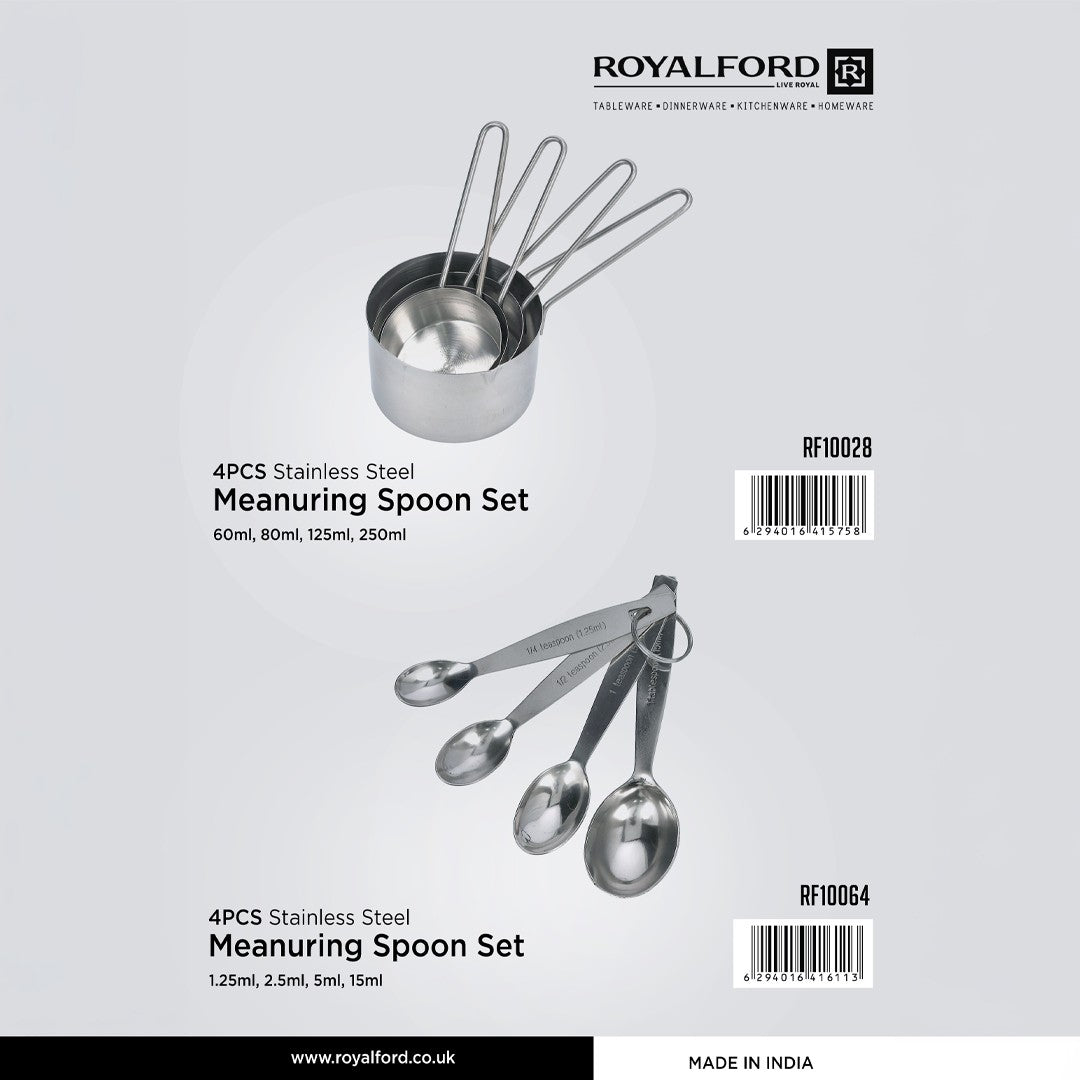 Royalford RF10064 Stainless Steel Measuring Spoon Set| 4-Piece Precision Measuring Spoons for Cooking & Baking | Engraved Markings|  Polished Finish for Dry & Liquid Use