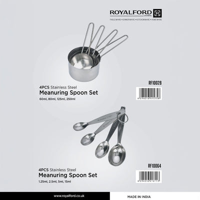 Royalford RF10064 Stainless Steel Measuring Spoon Set| 4-Piece Precision Measuring Spoons for Cooking & Baking | Engraved Markings|  Polished Finish for Dry & Liquid Use