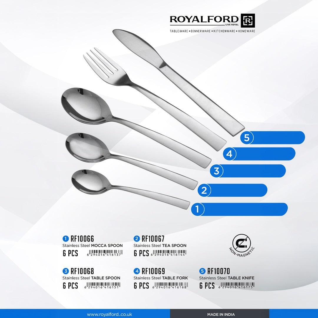 Royalford RF10067 Stainless Steel Tea Spoon Set | 6 Pieces | Premium Polished Cutlery for Tea & Coffee |Non-Magnetic Rust Resistant Spoons for Daily Dining & Desserts