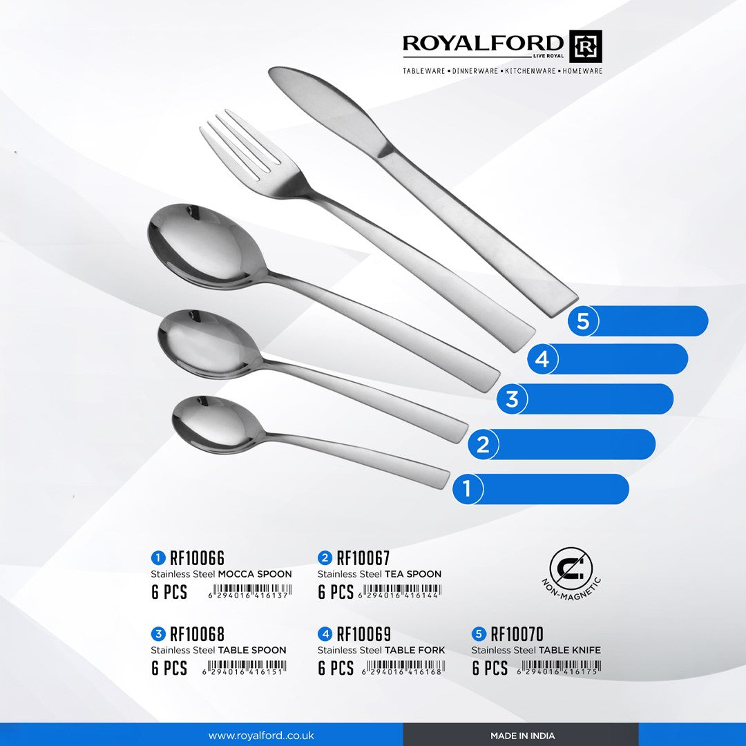 Royalford RF10068 Stainless Steel Table Spoon Set 6 Pcs | Durable Rust-Resistant Cutlery | Comfortable Grip | Safe Edges | Elegant Design & Longlasting Performance
