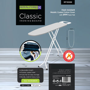 Royalford RF10089 Classic Ironing Board | Adjustable Height | Heat-Resistant Metallic Coated Cotton Cover | 8mm Foam Pad & Strong Foldable Heavy Duty Steel Design