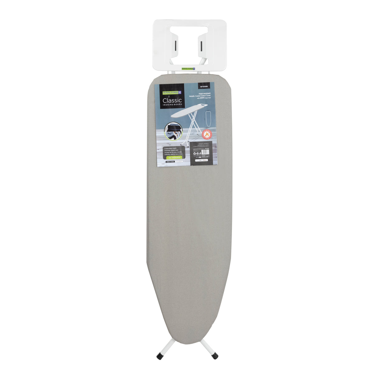 Royalford RF10089 Classic Ironing Board | Adjustable Height | Heat-Resistant Metallic Coated Cotton Cover | 8mm Foam Pad & Strong Foldable Heavy Duty Steel Design