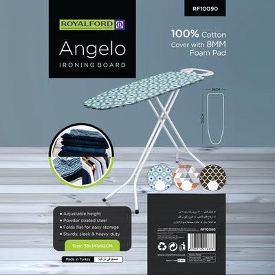 Royalford Angelo Ironing Board RF10090 | Adjustable Height Heavy Duty Ironing Board | 100% Cotton Cover | 8mm Foam Padding | Foldable Steel Frame | Perfect for Home Use