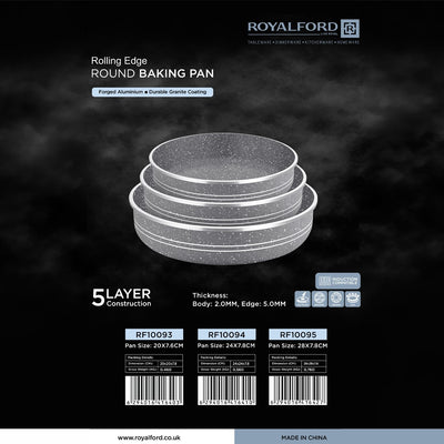 Royalford RF10095 28cm Rolling Edge Round Baking Pan | Forged Aluminium Granite Non-Stick Bakeware | 5-layer construction  | Reinforced 5.0mm rolling edge | Lightweight