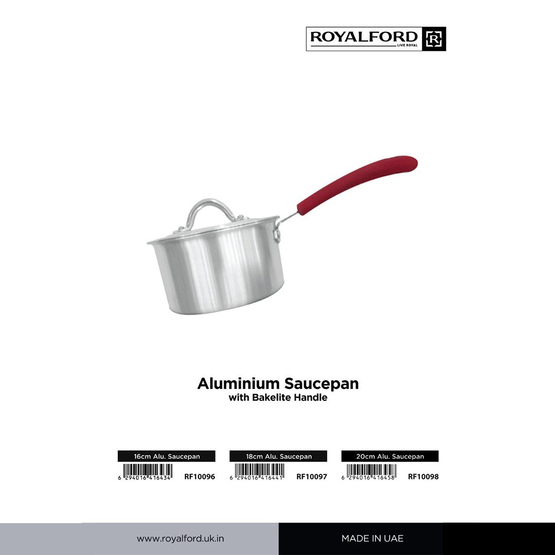 Royalford RF10098 Aluminium Saucepan with Bakelite Handle 20cm | Lightweight Durable Cooking Pan | Even Heat Distribution | Sturdy Aluminium Lid and Heat Resistant Grip