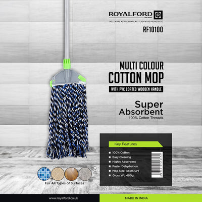 Royalford RF10100 Multi Colour Cotton Mop| PVC Coated Wooden Handle Super Absorbent Floor Cleaning Mop for Tiles, Marble, Wood & All Surface| Perfect For Daily Cleaning
