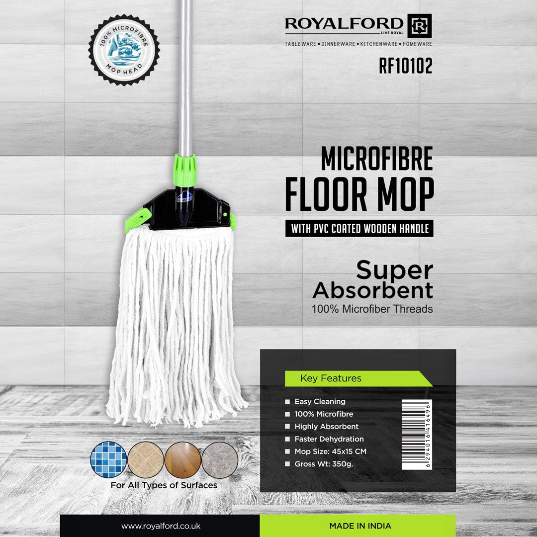 Royalford RF10102 Microfibre Floor Mop | PVC Coated Wooden Handle Super Absorbent Cleaning Mop for Tiles, Marble, Wood & Stone Floors | Easy Cleaning & Fast Drying