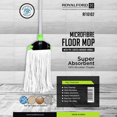Royalford RF10102 Microfibre Floor Mop | PVC Coated Wooden Handle Super Absorbent Cleaning Mop for Tiles, Marble, Wood & Stone Floors | Easy Cleaning & Fast Drying
