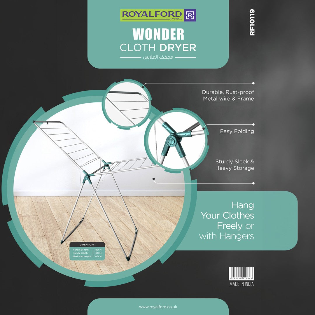 Royalford RF10119 Wonder Cloth Dryer | Foldable Rust-Proof Metal Laundry Drying Stand with Sturdy Heavy Duty Frame for Indoor, Outdoor ,Home, Balcony & Bathroom Use